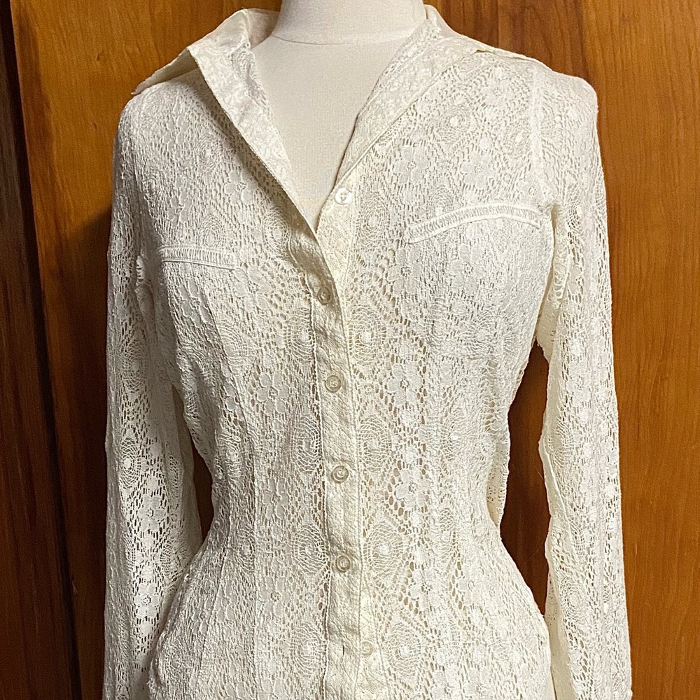 Byron Lars Cream Lace Button Down Shirt